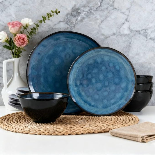 Dinnerware Set Blue 12 Pieces Service for 4, Stoneware Plates and Bowls Set Stoneware Set, Dishwasher Microwave Safe Dishes set