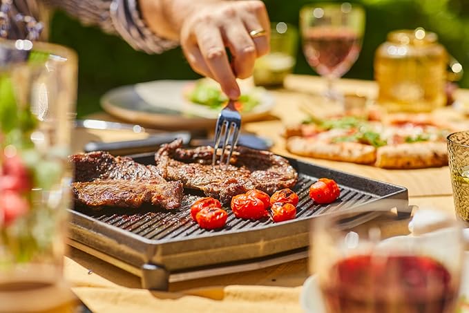 ooni Cast Iron Dual-Sided Grizzler Plate - 13.6" x 12.5" Reversible Griddle with Removable Handle and Stainless Steel Trivet, Pre-Seasoned Non-Stick Oven Safe Cookware, Pizza Oven and BBQ Accessories