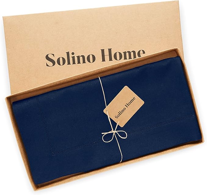 Solino Home Navy Blue Tablecloth 52 x 52 Inch - Cotton Linen Hemstitch Square Tablecloth - Machine Washable Table Throw for Holiday, Winter, New Year
