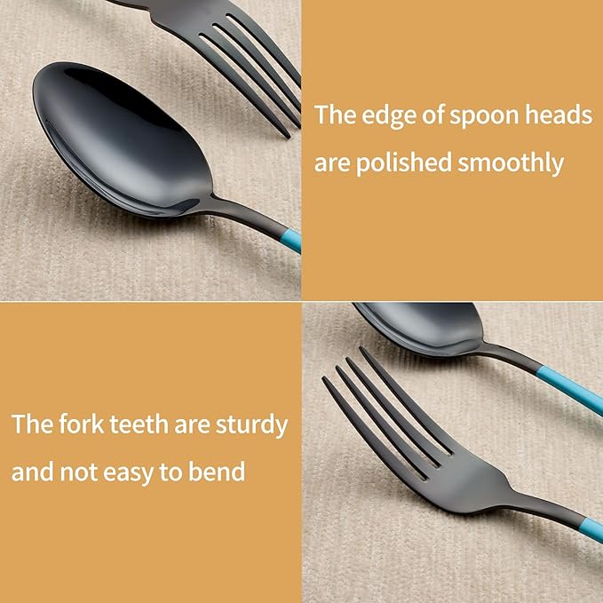 20-Piece Black and Lake Blue Silverware Set 18/0 Stainless Steel Silverware Set Lake Blue Handle Cutlery Set Service for 4 Dinner Knives Forks Spoons Set Flatware Set Finish Dishwasher Safe