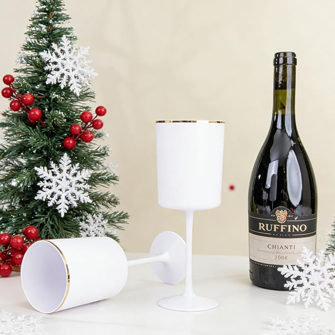 Ciaell 12 Pack White Plastic Wine Glasses with Stem - 10 Oz White and Gold Disposable Wine Glasses for Parties & Christmas & Weddings & Poolside & Toasting & Outdoors & New Year
