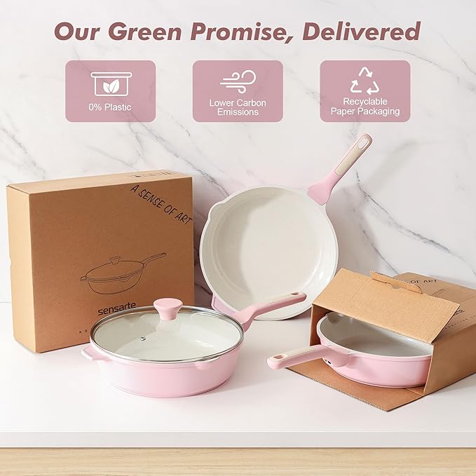 SENSARTE Nonstick Ceramic Skillet with Lid 10/11/12-inch, 4.5QT Non Toxic Deep Frying Pan, Saute Pan with Lid, Stay-cool Handle, Healthy Cooking Pot, Induction Compatible, Pink