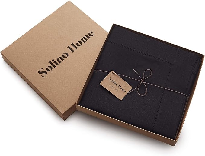 Solino Home Black Linen Tablecloth 60 x 132 Inch - Classic Hemstitch, 100% Pure Linen Rectangular Tablecloth - Machine Washable Table Cloth for New Year