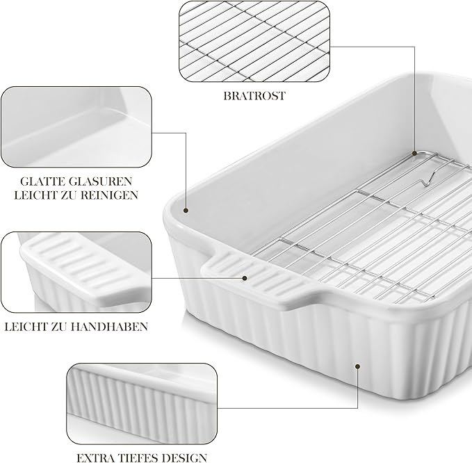 MALACASA 4.4 QT Baking Dish with Rack, 9x13 Large Casserole Dish for Oven, Ceramic Baking Pan with Rack, Rectangular Lasagna Pan Deep with Handles for Baking, Durable Microwave Oven Safe, White