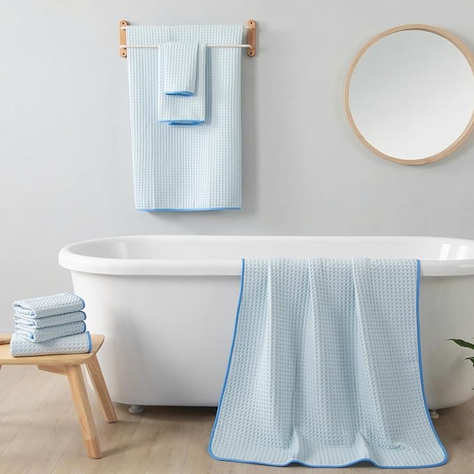 REDKISS 8 Pack Microfiber Waffle Bath Towels - Blue Waffle Towels for Bathroom, Extra Large, Highly Absorbent, Quick Dry Bath Towel Set, Lint Free Bathroom Towel for Gym, Shower, Hotel and Spa