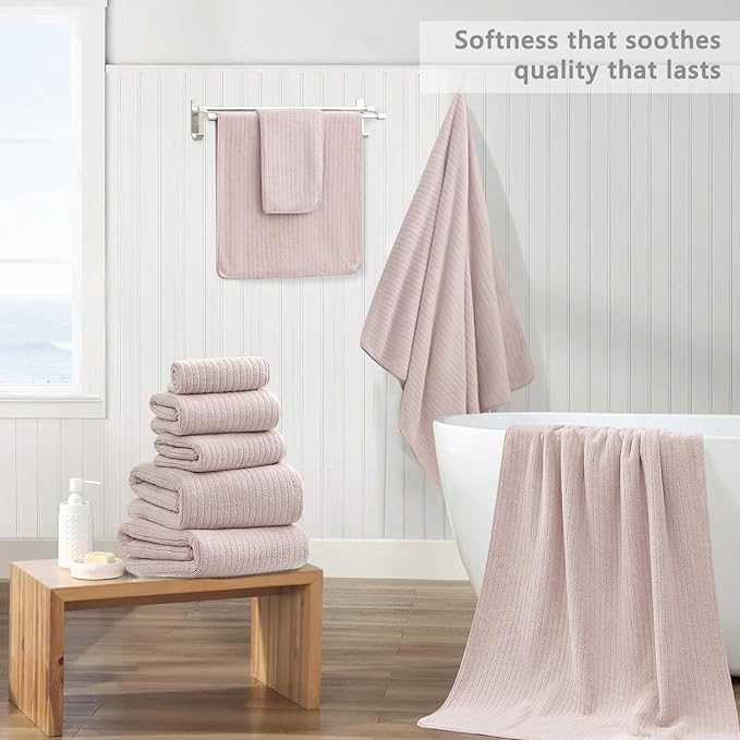 18 Piece Bath Towels Set,Soft Family Bathroom Towel Set with Hanging Loops-6 Bath Towels,6 Hand Towels,6 Washcloths,Highly Absorbent Quick Dry Shower Towel for Bathroom,Hotel,Spa-Blush Pink Towel Set