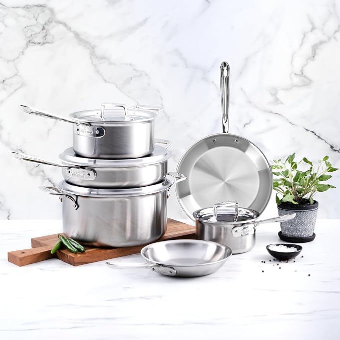 All-Clad D5 Brushed 5 Ply Stainless Steel Cookware Set 10 Piece w/ Frying Pans, Pots and Pans Set, Induction, Oven Broiler Safe 600F, Silver