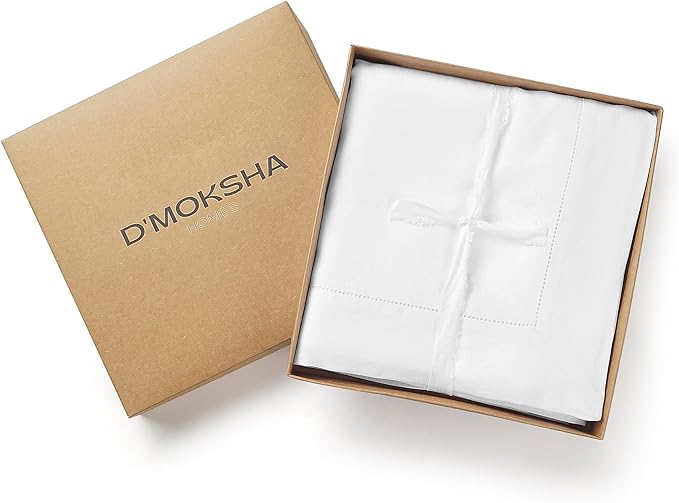 D'Moksha Homes White Linen Tablecloth 60 x 108 Inch - 100% Pure Linen White Table Cloth for Rectangle Tables - Classic Hemstitch, Machine Washable Tablecloth for Winter, Holiday, New Year