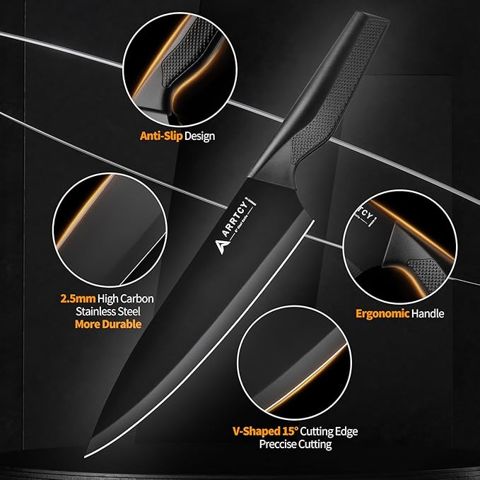 Knife Set with Block - Kitchen Knife Set German High-Carbon Steel - 15-Piece with Built-in Sharpener & Dishwasher Safe - Ergonomic Anti-Slip Handles,Black,Gift Box Included