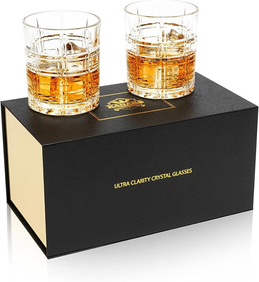 KANARS Whiskey Glasses Set of 2, 10 Oz Crystal Old Fashioned Cocktail Glass in Gift Box, Rock Barware for Scotch Whisky Cognac, Bourbon, Gift for Father's Day Christmas