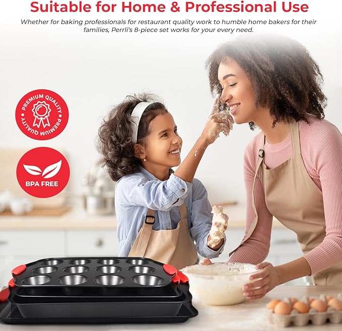 PERLLI Non-Stick 8-Piece Baking Pan Set, BPA-Free Carbon Steel Bakeware Set with Silicone Handles, Stackable Kitchen Oven Set, Cookie Sheet, Baking Tray, Baking Sheet Set, Oven Safe (446°F)