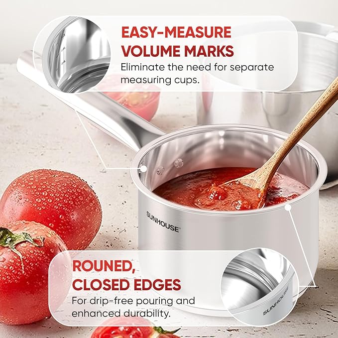 SUNHOUSE – 3 Quarts Stainless Steel Sauce Pan with Lid - PFOA-FREE, High Stainless Steel Sauce Pan, Advanced Impact Bonding Induction Base, Stay-Cool Handle, Compatible with All Cooktops
