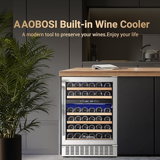 AAOBOSI 46 Bottles Wine Fridge, 24 Inch Wine Cooler with Dual Zone, Freestanding and Built-in Wine Refrigerator with Blue LED Light and Adjustable Shelves, Double-Layer Glass Door, Safety Lock