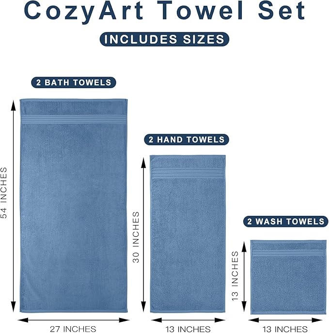 COZYART Denim Blue Bath Towel Set, Turkish Cotton Hotel Large Towel Bulk for Bathroom, Thick Bathroom Sets of 6 with 2 Bath Towels, 2 Hand Towels, 2 Washcloths, 650 GSM