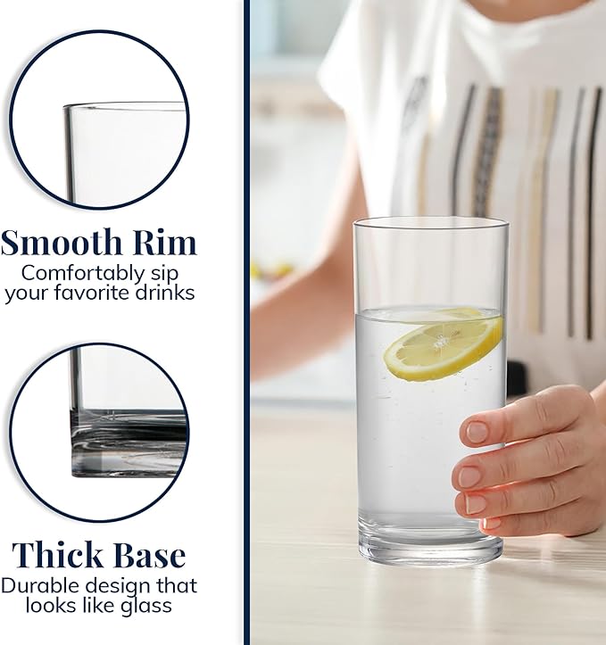 US Acrylic Classic Clear Plastic Reusable Drinking Glasses (Set of 6) 16oz Water Cups | BPA-Free Tumblers, Made in USA | Top-Rack Dishwasher Safe