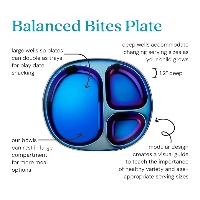 Ahimsa Stainless Steel Kids Plate, Pediatrician Designed Divided Toddler & Baby Plates, Non Toxic, Unbreakable & Dishwasher Safe, Iridescent Blue