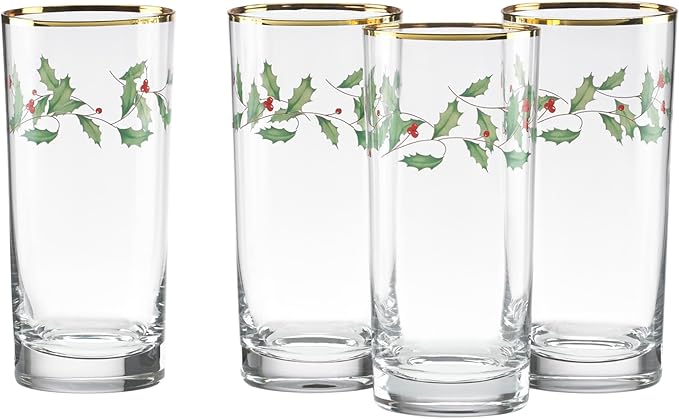 Lenox 849605 Holiday 4-Piece Highball Glass Set, Christmas Dinnerware, Hosting