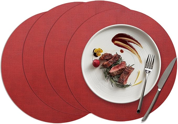 15 inch Faux Leather Round Placemats Set of 4 Non-Slip Washable Wipeable Table Mats, Heat Resistant Waterproof Oilproof Red Place Mats for Christmas, Kitchen, Dining, Party, Outdoor