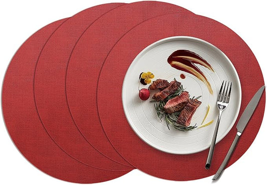 15 inch Faux Leather Round Placemats Set of 4 Non-Slip Washable Wipeable Table Mats, Heat Resistant Waterproof Oilproof Red Place Mats for Christmas, Kitchen, Dining, Party, Outdoor