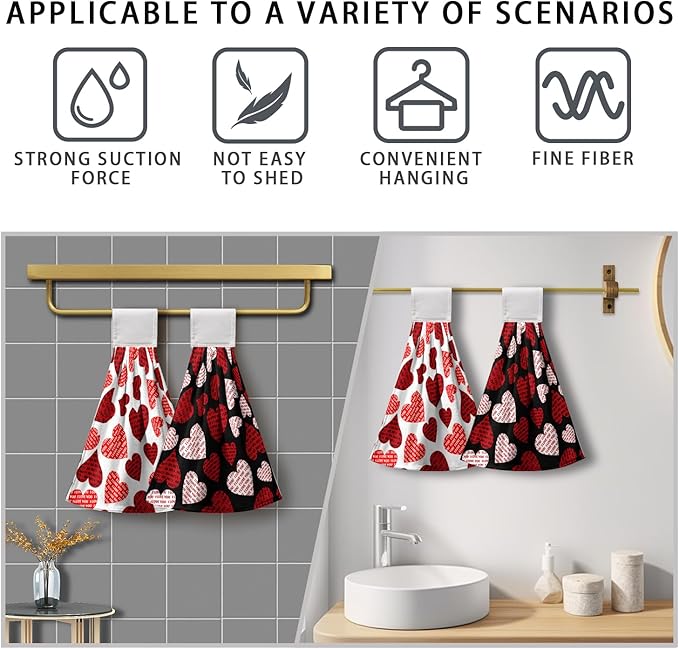 Valentines Day Hand Tie Towel I Love You Heart Hanging Kitchen Towels White Black Valnetine's Love Dish Tea Towels with Hanging Loop Absorbent Practical Bathroom Kitchen Decor