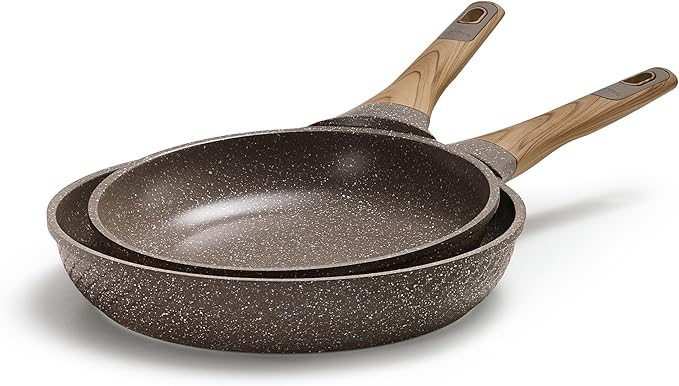 CAROTE Non Stick Frying Pan Skillet Set, Omelet Pan, Healthy Non Toxic Granite Chef Pan, Induction Compatible Egg Frying Pan with Heat-Resistant Handle, PFOA-Free,Brown,9.5"+11"
