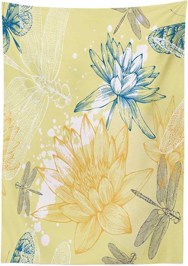 Ambesonne Dragonfly Tablecloth, Boho Style Plants and Dragonflies Sketchy Illustration, Dining Room Kitchen Rectangular Table Cover, 52" X 70", Petrol Blue
