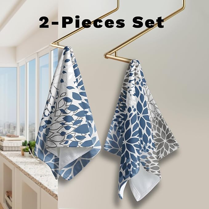 2 Pack Dahlia Flower Hand Towels for Bathroom Blue and Gray Floral Kitchen Dish Towels Soft Absorbent Decorative Tea Towel for Summer Bath Kitchen Gym Spa 14.4 x 28.3 Inch