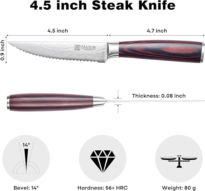 PAUDIN Steak Knives Set of 6, Kitchen Steak Knife 4.5 Inch, High Carbon Stainless Steel Steak Knives, Serrated Steak Knife with Pakkawood Handle, Dinner Knives with Gift Box