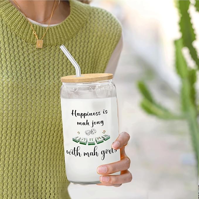 Mahjong Player Gifts Glass Cup with Lids and Straws 14oz, Mah Jong Gifts for Women, Mahjong Tiles Accessories Glass Iced Coffee Tumbler Drinking Jars with Cleaning Brush