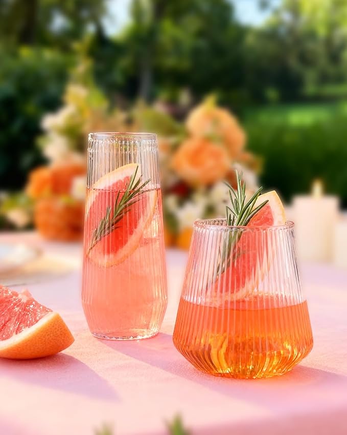 BESTSTAR 48 Pack Disposable Ribbed Origami Ripple Plastic Glasses Set - 24 9 OZ Stemless Champagne Flutes & 24 12OZ Cups, BPA-Free Shatterproof Clear Drinkware for Weddings, Parties & Events (Clear)