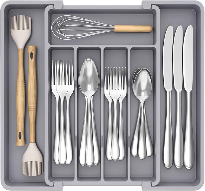 Lifewit Silverware Drawer Organizer, Expandable Utensil Tray for Kitchen, BPA Free Flatware and Cutlery Holder, Adjustable Plastic Storage for Spoons Forks Knives, 8.5"-14.1" x 12.1", Gray