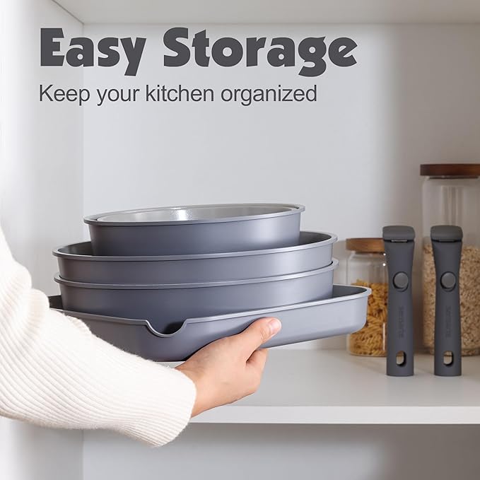 SENSARTE 17 Piece Ceramic Pots and Pans Set, Nonstick Detachable Handle Cookware, Induction Kitchen Cookware Set with Removable Handle, Dishwasher ＆ Oven Safe (Gray)