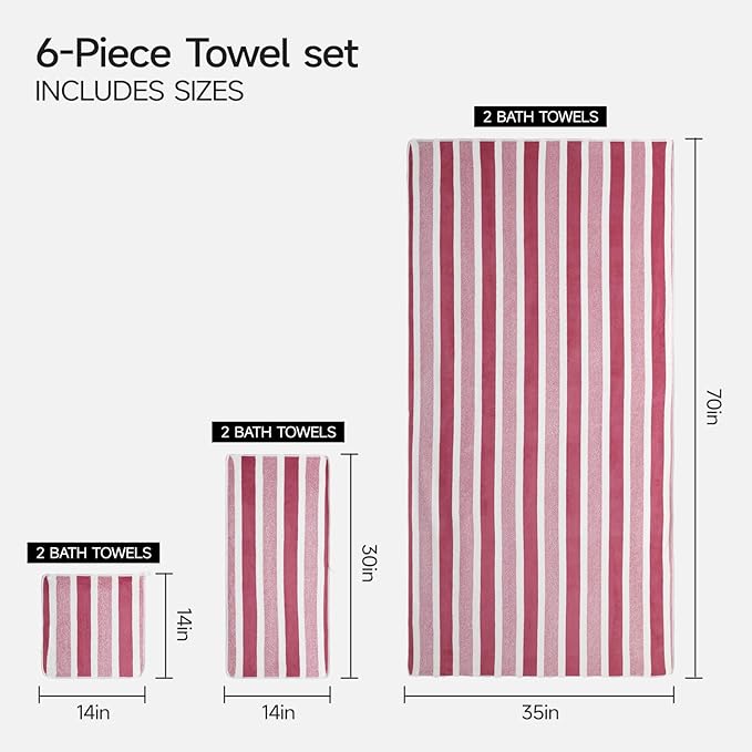 REDKISS Ultra Soft Bath Towel Set 6-Piece 35"x70" | 100% Microfiber, Highly Absorbent | Quick Dry Towels for Bathroom, Spa, Gym | 2 Bath, 2 Hand, 2 Washcloths | Pinkish-red