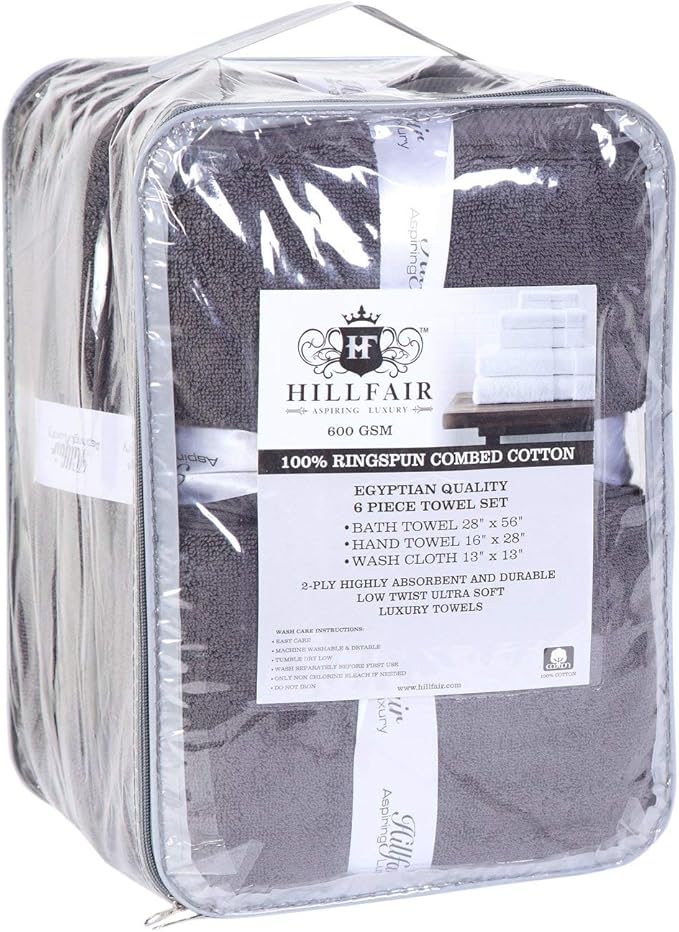 HILLFAIR Premium 600 GSM - 6 Piece Towel Set- 2 Bath, 2 Hand & 2 Washcloth - Grey Cotton Bath Towels - Machine Washable, Hotel Quality,Super Soft & Highly Absorbent Cotton Towels