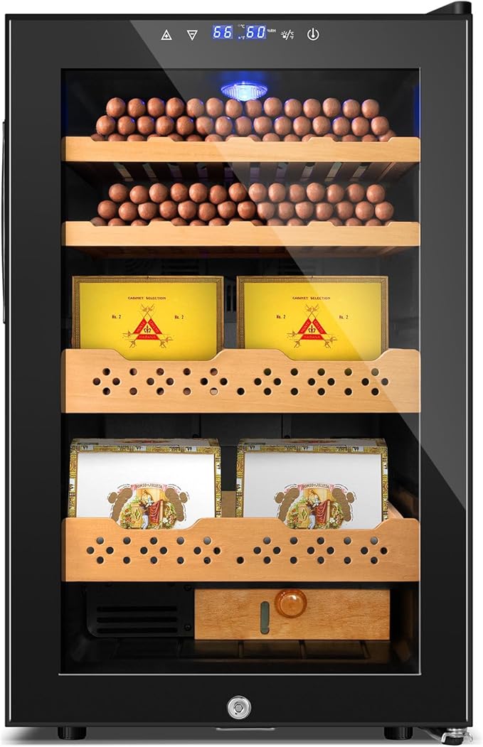 Electric Cooler Cabinet Desktop Cabinet 70L with Professional Temperature and Humidity Digit Control System Spanish Wood Shelves 400 Capacity for Home Office Gift