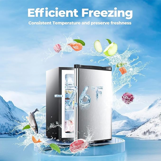 2.2 Cu.ft Upright Freezer, Small Mini Freezer with Adjustable Thermostat, Removable Shelves, Reversible Single Door, for Bedroom/Home/Dorms/Apartment (Stainless Steel)