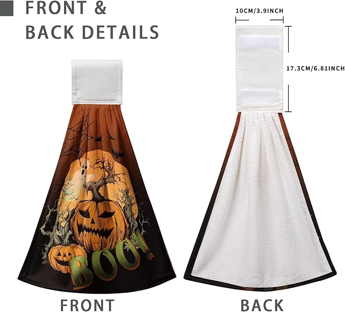 Halloween Boo Hanging Dish Towels Pumpkin Ghost Spooky Hand Towels with Hanging Loop Scary Moon Night Hanging Kitchen Towel Soft Absorbent Tea Towel for Halloween Home Bathroom Decor 2 Pcs
