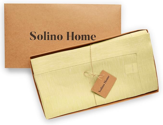 Solino Home Linen Tablecloth 60 x 90 Inch - 100% Pure Linen Chambray Yellow Table Cloth for Rectangular Tables - Athena, Machine Washable Cloth Tablecloth