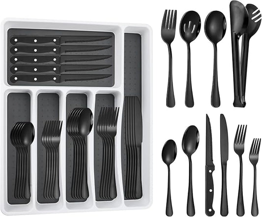 65PCS Silverware Set for 8 with Flatware Drawer Organizer, Stainless Steel Cutlery Set with Steak Knives, Include Spoons and Forks Set & Serving Utensils, Mirror Polished, Black