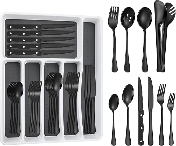 53PCS Black Silverware Set for 8 with Cutlery Drawer Organizer, Stainless Steel Flatware Set with Steak Knives, Include Spoons and Forks Set & Serving Utensils, Mirror Polished