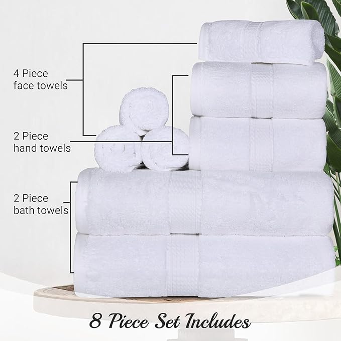 Superior Egyptian Cotton Pile 8 Piece Towel Set, Includes 2 Bath, 2 Hand, 4 Face Towels/Washcloths, Ultra Soft Luxury Towels, Thick Plush Essentials, Guest Bath, Spa, Hotel Bathroom, White
