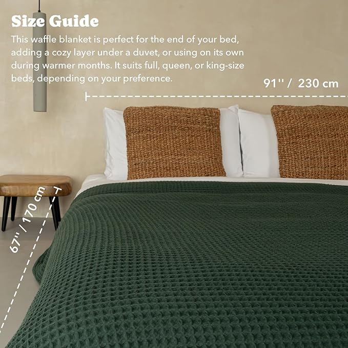 Luxury Organic Japanese Cotton Waffle Towelket Throw Blanket Bedspread for All Sleepers | Soft, Breathable and Thermoregulating (Forest Green, 67''x91'')