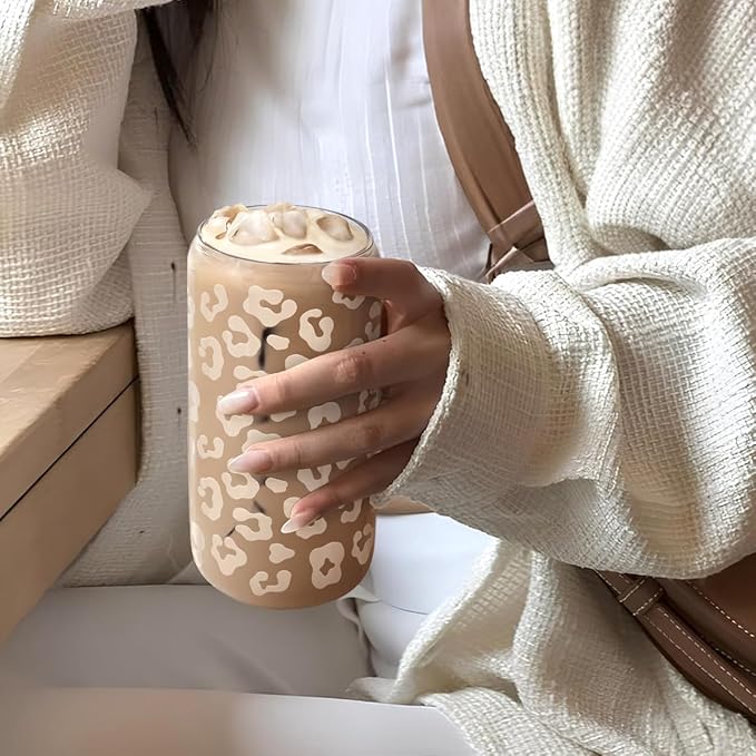 SANDJEST Leopard Glass Can, Beige Leopard Print Cup with Lid & Straw, Iced Coffee Aesthetic Cups, Gift for Christmas Birthday Mother Day, Gifts for Women, 16oz