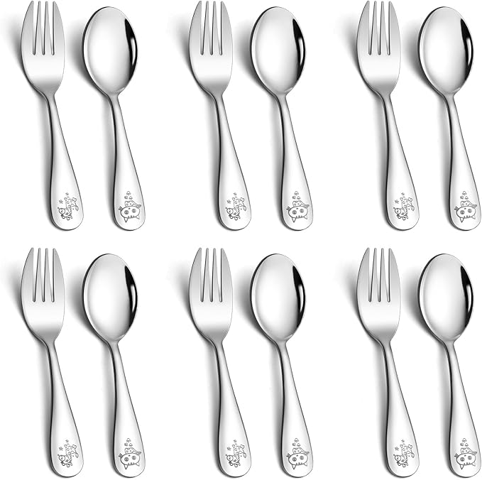LIANYU Kids Silverware Set 12 PCS, Toddler Utensils Set Includes 6 Toddler Spoons and 6 Forks, Stainless Steel Silverware for Kids, Children Flatware Cutlery for Self-Feeding, Dishwasher Safe