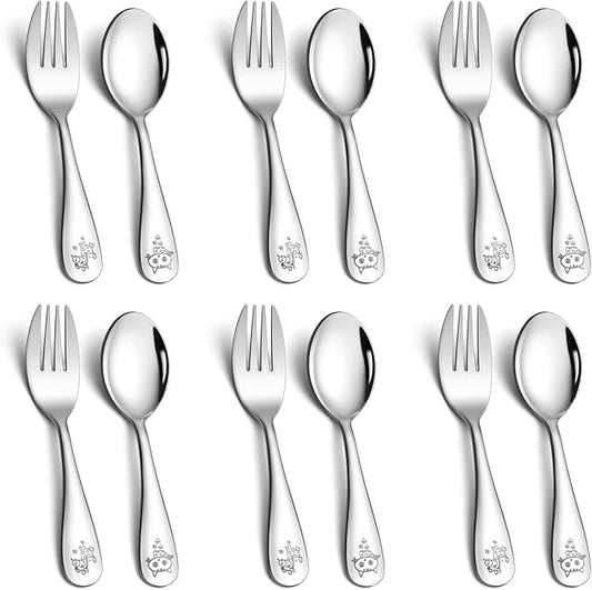 LIANYU Kids Silverware Set 12 PCS, Toddler Utensils Set Includes 6 Toddler Spoons and 6 Forks, Stainless Steel Silverware for Kids, Children Flatware Cutlery for Self-Feeding, Dishwasher Safe