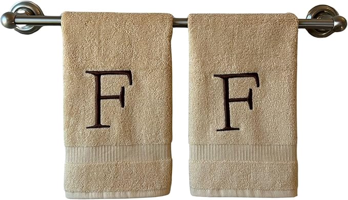 Beige Initial Hand Towel for Bathroom - Monogrammed Luxury Hotel Quality Decorative Embroidered Towel for Powder Room, Spa - GOTS Organic Certified - Set of 2 Brown Letter F