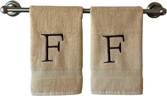 Beige Initial Hand Towel for Bathroom - Monogrammed Luxury Hotel Quality Decorative Embroidered Towel for Powder Room, Spa - GOTS Organic Certified - Set of 2 Brown Letter F