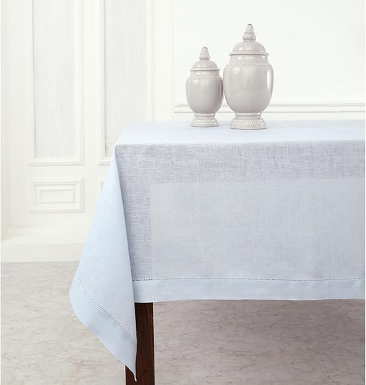Solino Home Light Blue Linen Tablecloth 60 x 132 Inch - 100% Pure Linen Hemstitch Table Cloth for Rectangle Tables - Classic Hemstitch, Machine Washable Tablecloth
