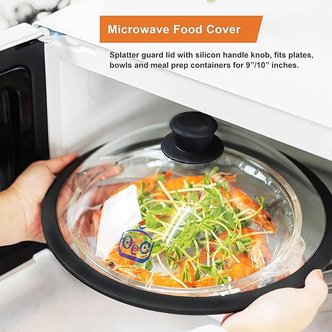 OEC Vented Splatter Guard Microwave Glass Cover for Food with Easy-Grip Handle, 12.7 inch Diameter, 100% Food Grade Tempered Glass & BPA Free Silicone Rim with Steam Vent, Dishwasher Safe