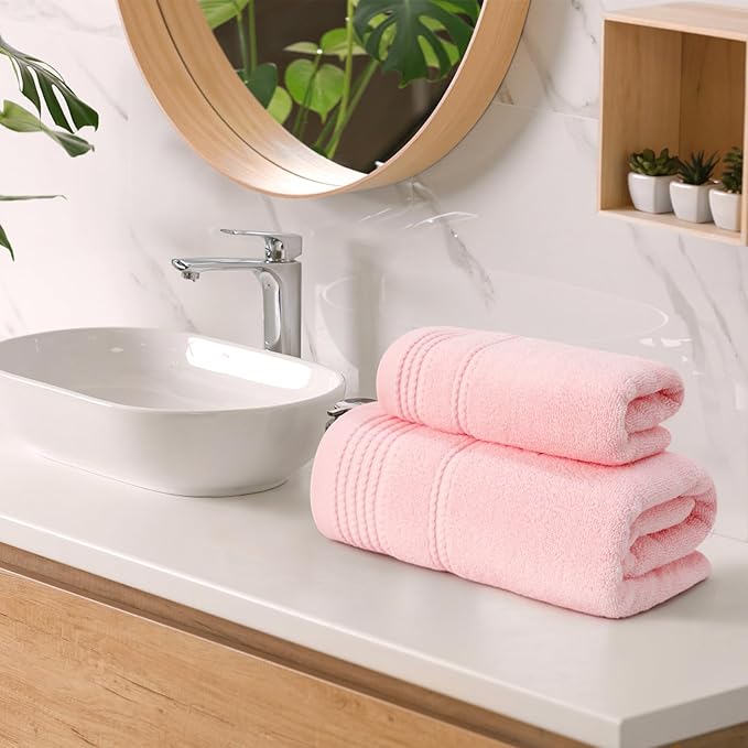 Thmyo Pack of 2 Premium Cotton Super Soft Bathroom Towels Set, 400 GSM Highly Absorbent Towel for Daily Use, Gym, Spa and Hotel, 1 Bath, 1 Hand, Pink